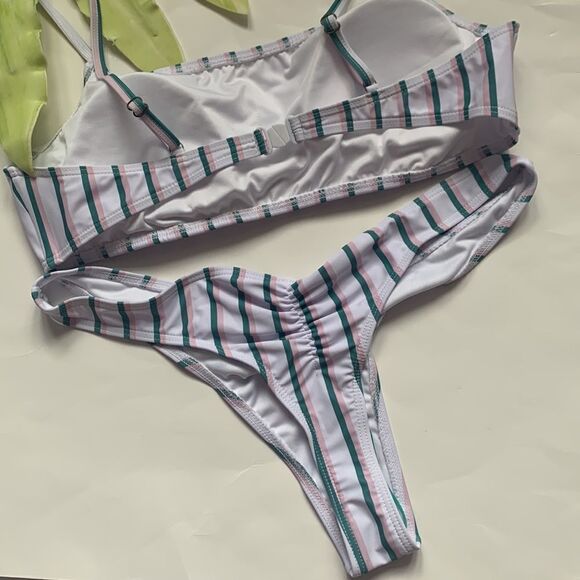 🌟SUMMER Mae Vertical Stripes Bandeau Top Brazilian Thong Bikini Set🌟 - Picture 4 of 4